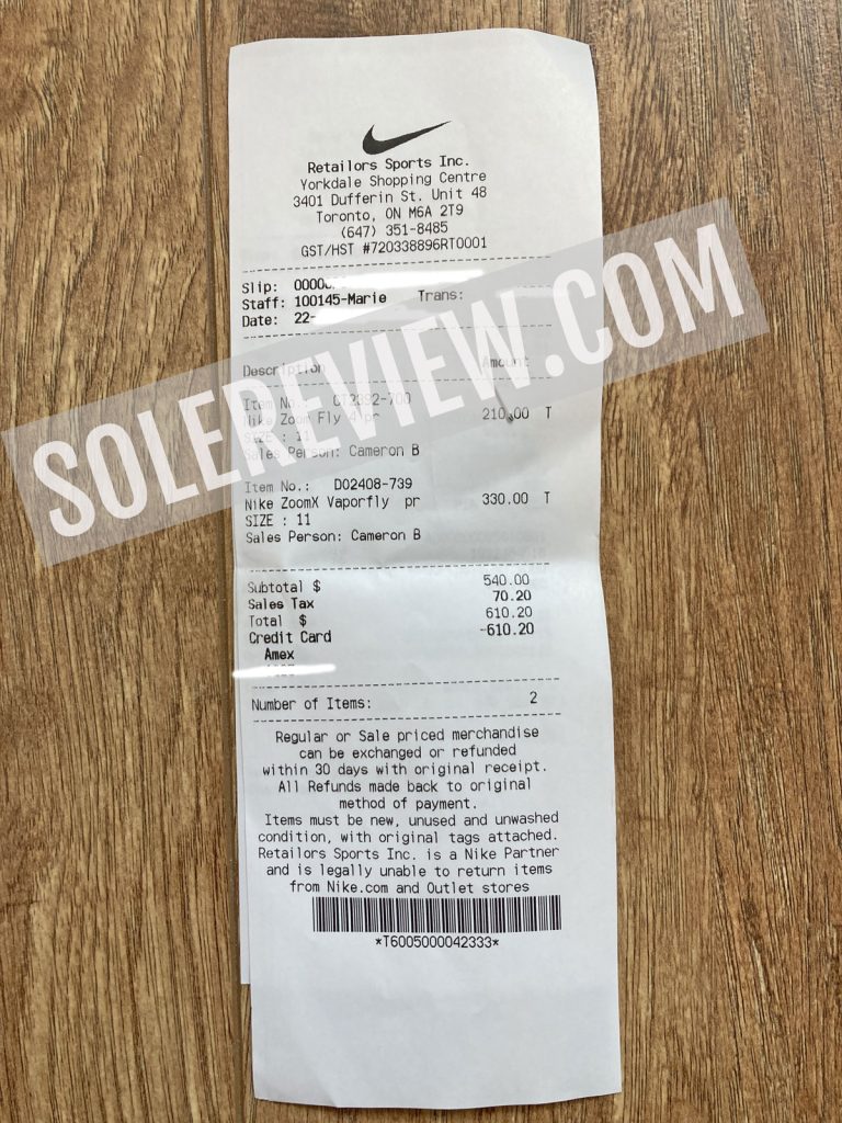 Proof of purchase for the Nike Vaporfly Next% 2.
